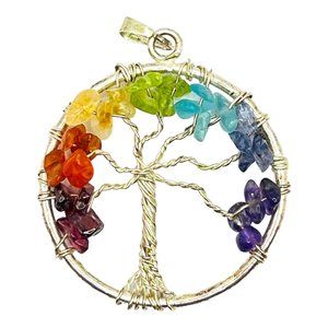 Artisan Wire-Wrapped Tree Pendant Multi Gemstone Vintage 70s Handcrafted EUC